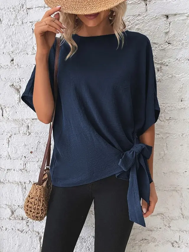 Women's Solid Color Batwing Sleeve Loose Top Navy Blue - Shop at LoveMi