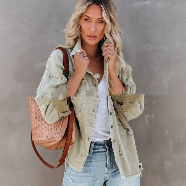 Women's Mid length Raw Hem Ripped Denim Coat Light Green - Shop at LoveMi