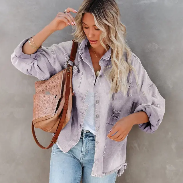 Women's Mid length Raw Hem Ripped Denim Coat Light Purple - Shop at LoveMi