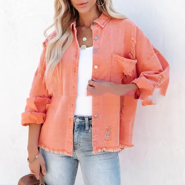 Women's Mid length Raw Hem Ripped Denim Coat Orange - Shop at LoveMi