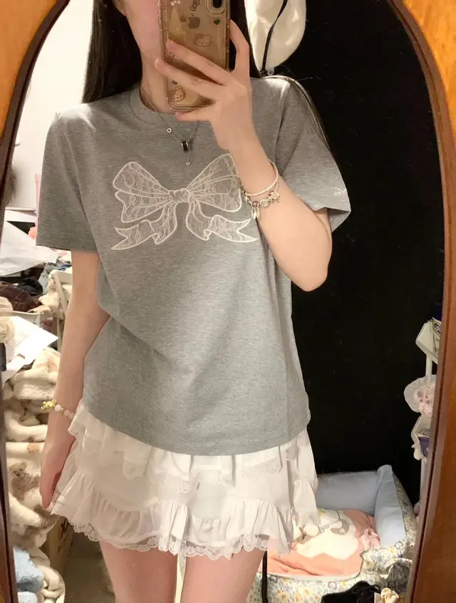 Gray Embroidered Bow Shoulder Short Sleeve Gray - Shop at LoveMi