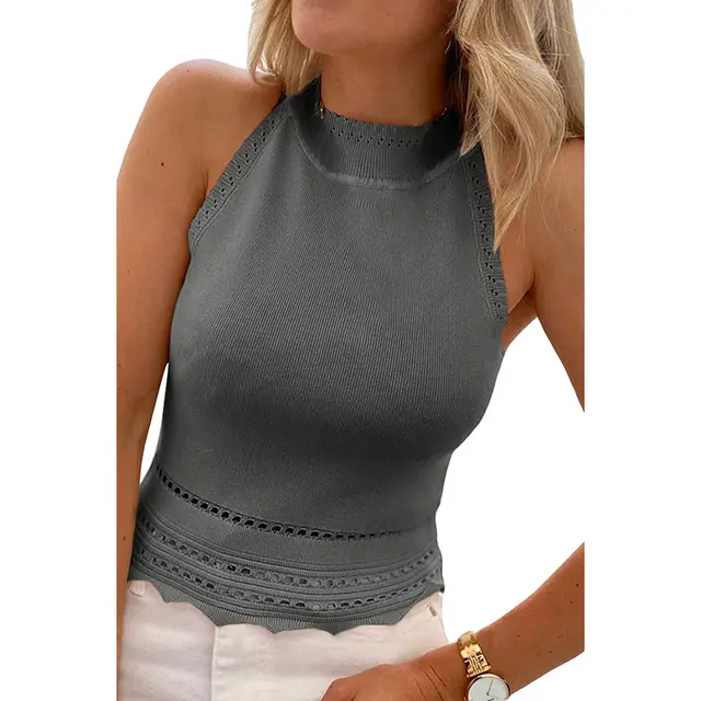 Women's Summer Casual Hollow out Lace Plain Knitted Tight Vest Top Gray - Shop at LoveMi