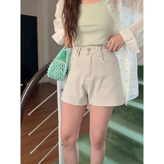 Women's Four Sided Elastic Light Colored High Waisted Denim Shorts Apricot - Shop at LoveMi