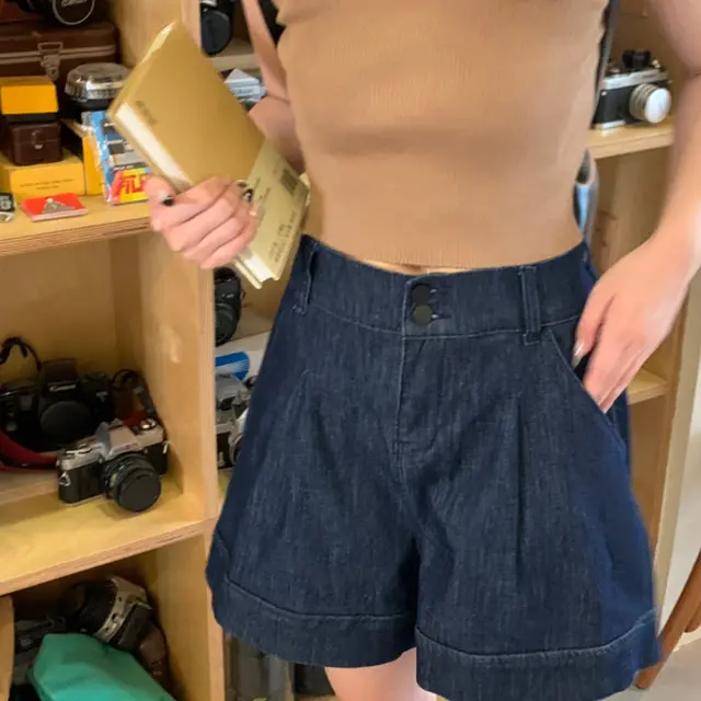 Women's Wide leg Thin High Waist Petite Denim Shorts Dark Blue - Shop at LoveMi