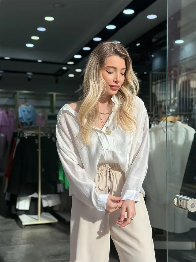 Tencel Large Profile Long Sleeve V neck Casual Shirt Beige - Shop at LoveMi