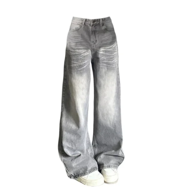 New Retro Distressed Street Atmosphere Corrugated Gray Wide leg Jeans For Women Gray - Shop at LoveMi
