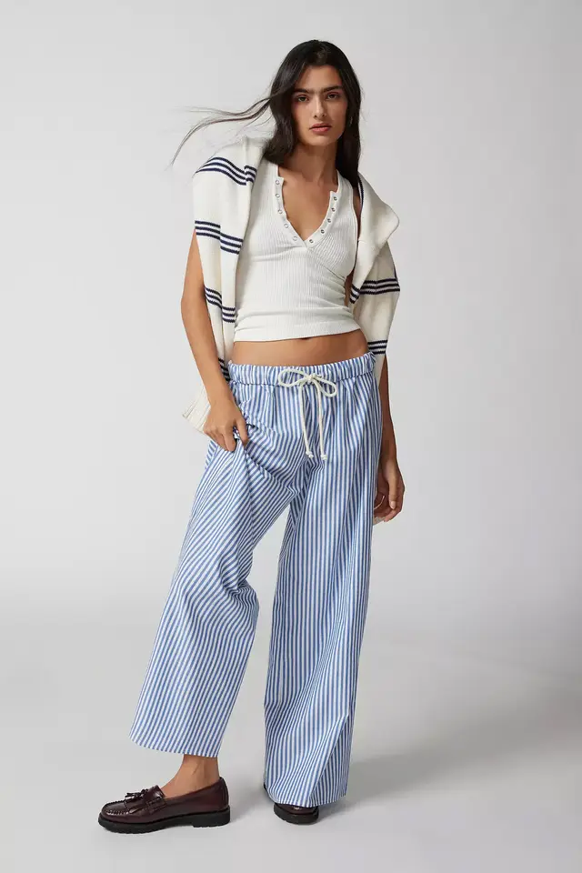 Fashion Women's Wear Striped Drawstring Wide leg Pants For Women Light Blue - Shop at LoveMi