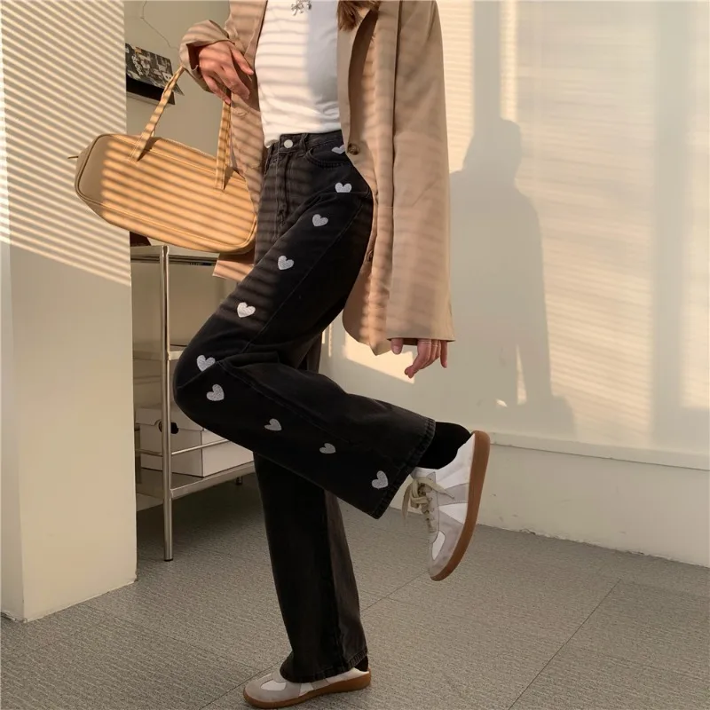 New Design Sense Straight Loose High Waist Love Jeans For Women Black - Shop at LoveMi