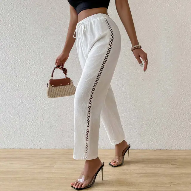 Women's Hollow Drawstring Straight leg Pants Beige - Shop at LoveMi