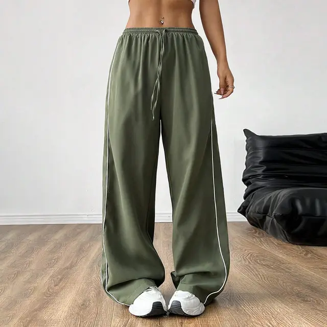 Women's Fashion Color Contrast Wide leg Pants Army Green - Shop at LoveMi