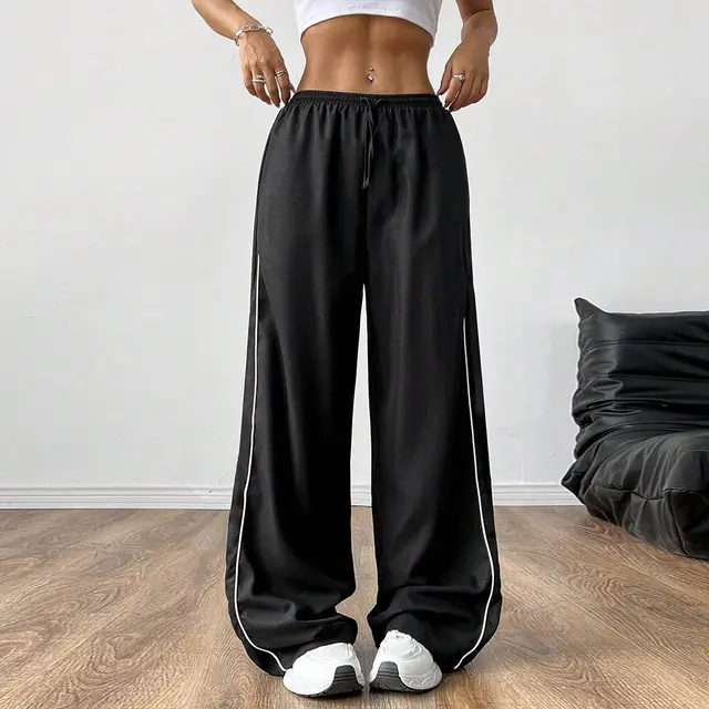 Women's Fashion Color Contrast Wide leg Pants Black - Shop at LoveMi