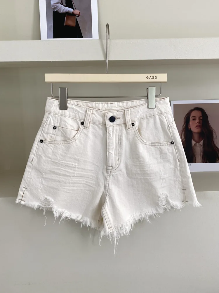 Ripped Frayed Vintage Denim Shorts - Beige