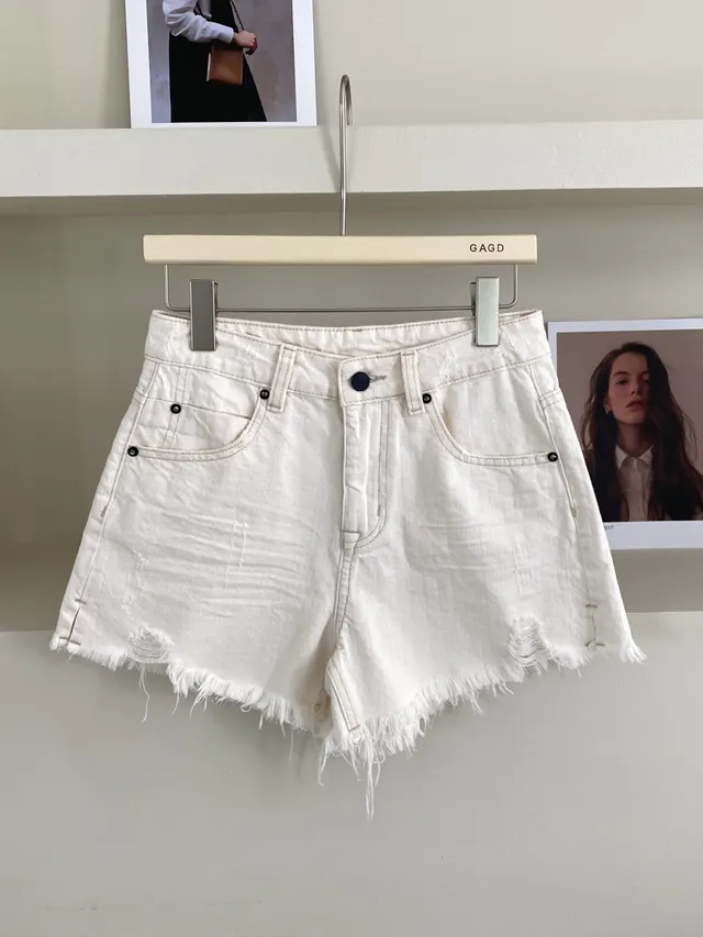Ripped Frayed Vintage Denim Shorts Beige - Shop at LoveMi