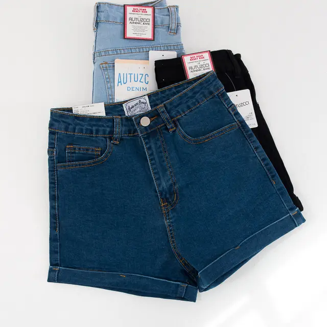 Women's Solid Color High Waist Curl Denim Shorts Dark Blue - Shop at LoveMi