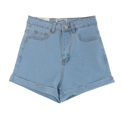 Women's Solid Color High Waist Curl Denim Shorts Light Blue - Shop at LoveMi
