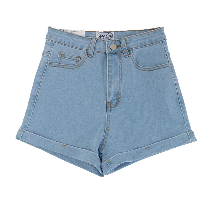 Women's Solid Color High Waist Curl Denim Shorts Light Blue - Shop at LoveMi