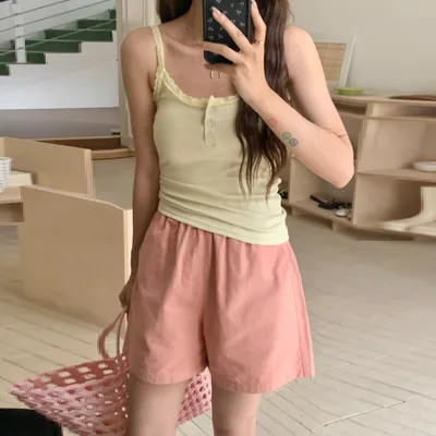 Japanese Elastic Waist Washed Cotton A Line Shorts Pink - Shop at LoveMi