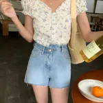 Retro Denim Shorts Summer High Waist A- Line Design - Light Blue
