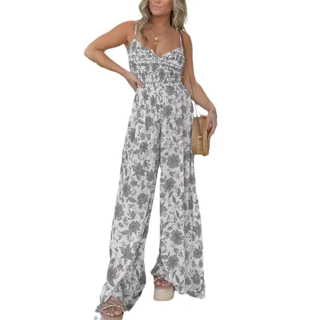 Floral Strap One piece Wide leg Pants Gray - Shop at LoveMi