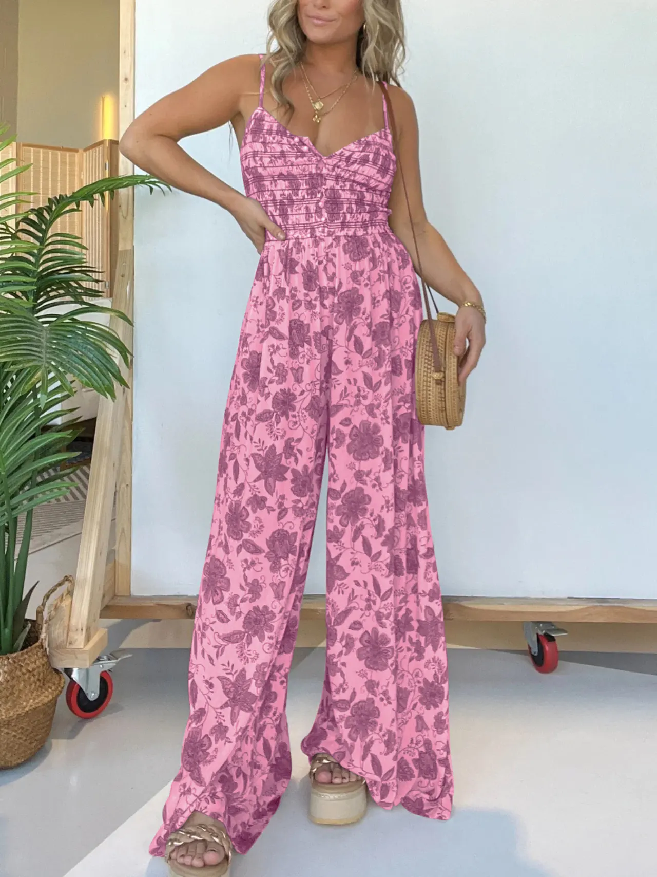 Floral Strap One-piece Wide-leg Pants - Pink