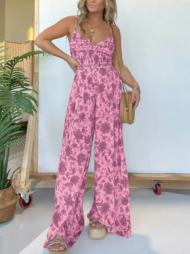 Floral Strap One piece Wide leg Pants Pink - Shop at LoveMi