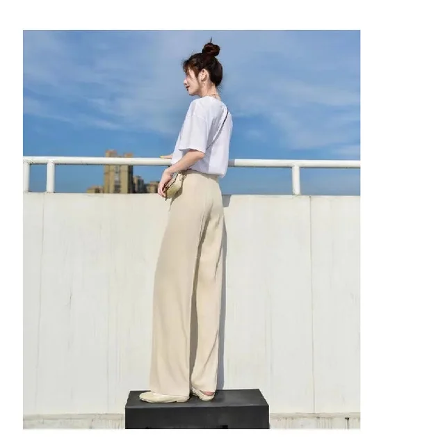 Chiffon Straight leg Pants Loose Flattering Mopping Pants Fashion Beige - Shop at LoveMi