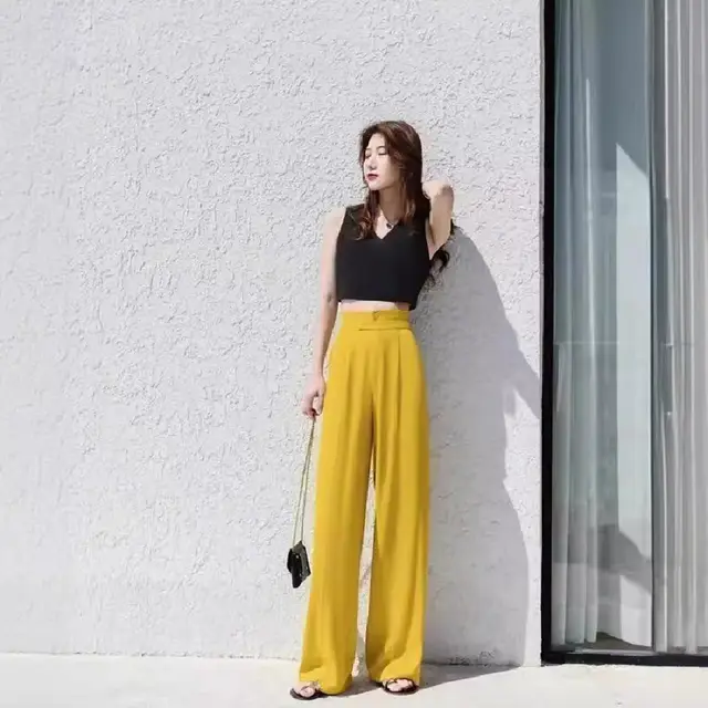 Chiffon Straight leg Pants Loose Flattering Mopping Pants Fashion Lemon Yellow - Shop at LoveMi