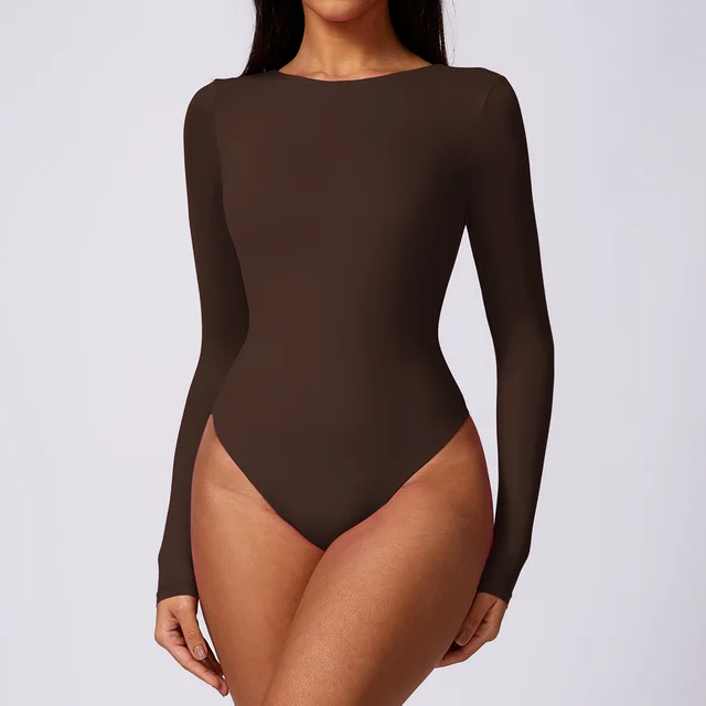 Women's Corset Long Sleeve Yoga Bodysuit Dark Coffee - Shop at LoveMi