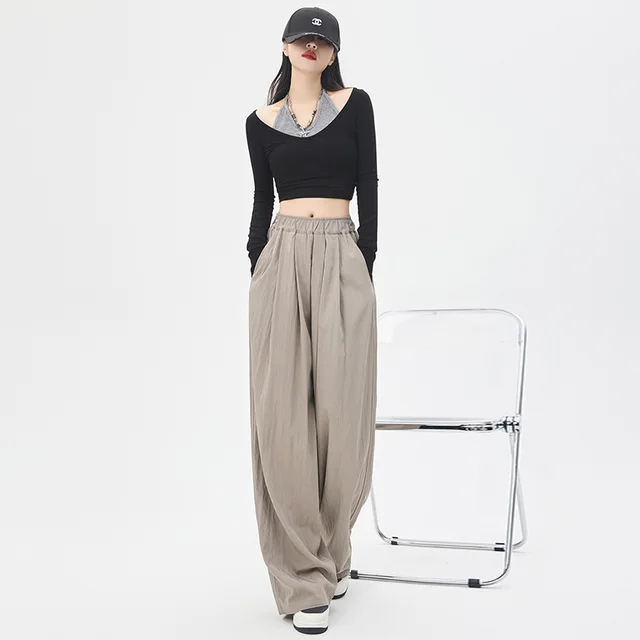 Texture Washed Cotton Wide leg Pants Draping Effect Casual Straight leg Khaki - Shop at LoveMi