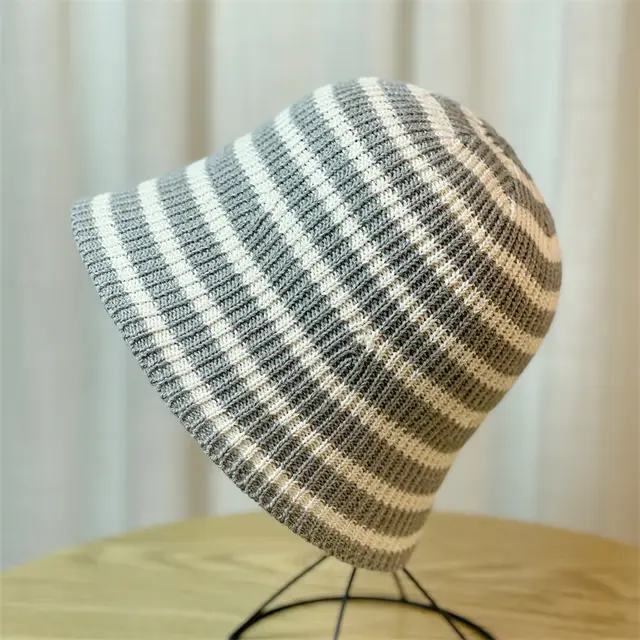Sunshade Leisure Striped Knitted Dome Bucket Foldable Tide Bucket Hat Gray - Shop at LoveMi
