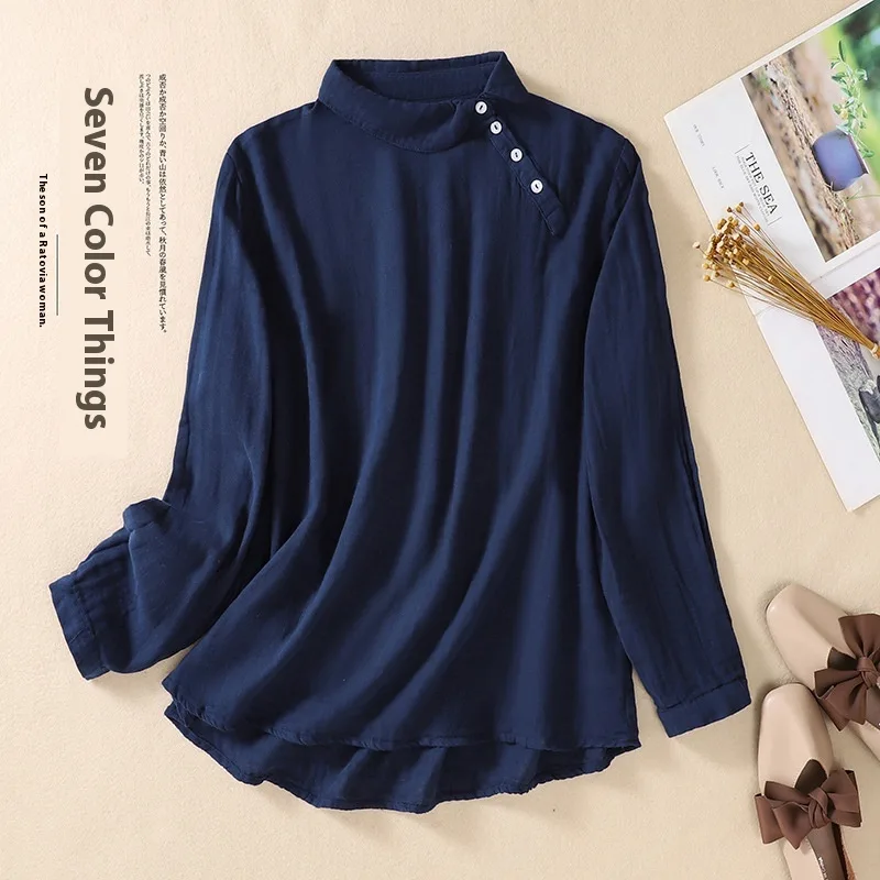 Women's Artistic Versatile Comfortable Casual Long sleeved Loose Composite Top Navy - Shop at LoveMi