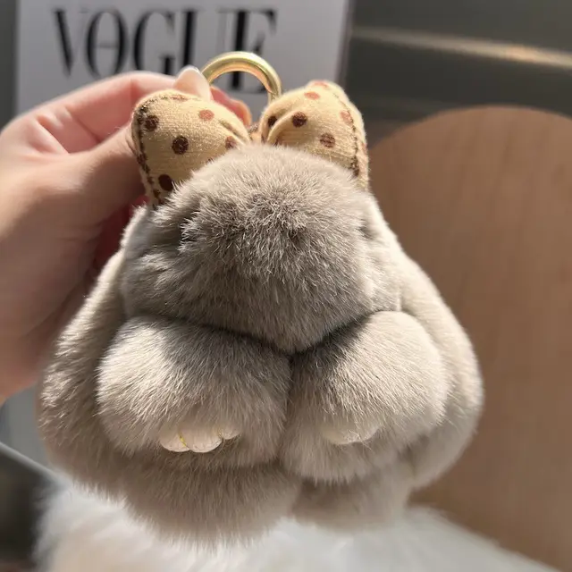 Cute Real Rex Rabbit Hair Bow Bunny Car Key Ring Pendant Brown - Shop at LoveMi