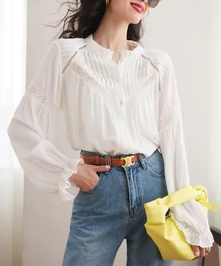 Patchwork French Design Style White Shirt - White