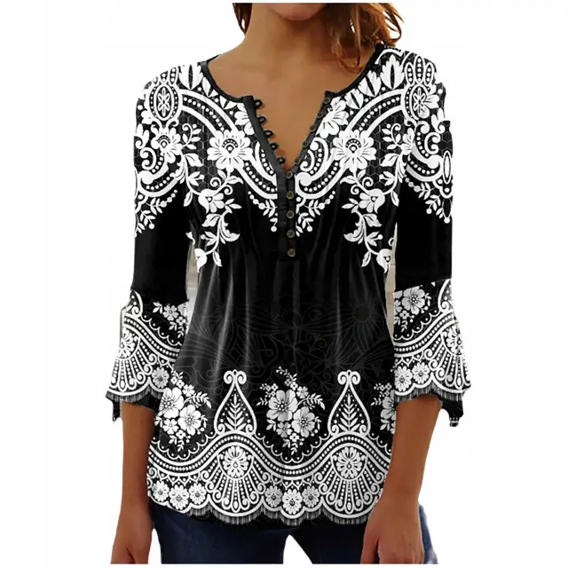 Women's Trendy V neck 3D Printing Long Sleeve Underwear Blouse S231000186 - Shop at LoveMi