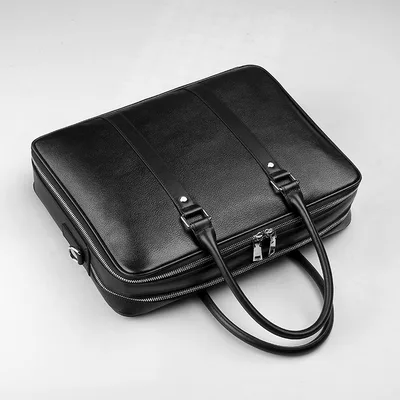 Men's Real leather Handbag Double Zipper Cattlehide Leather Fashion Black - Shop at LoveMi