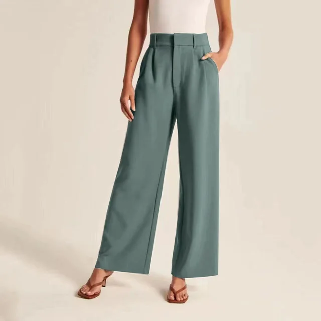 Commuter Drooping Slimming Solid Pocket High Waist Wide Leg Pants Sea Blue - Shop at LoveMi
