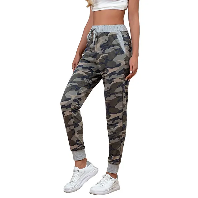 Women's Fashion Casual Exercise Comfort Printing Stretch Waist Trimming High Waist Trousers Camouflage - Shop at LoveMi