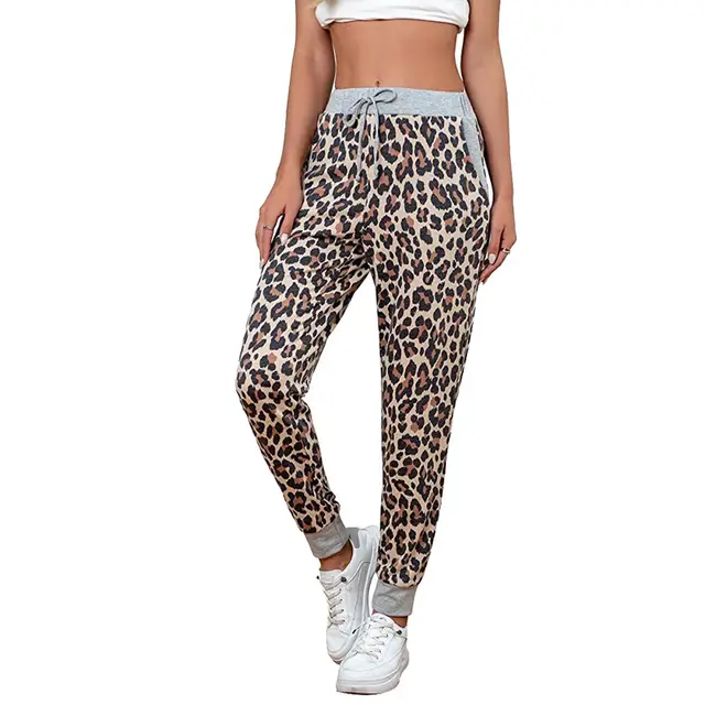 Women's Fashion Casual Exercise Comfort Printing Stretch Waist Trimming High Waist Trousers Leopard Print - Shop at LoveMi
