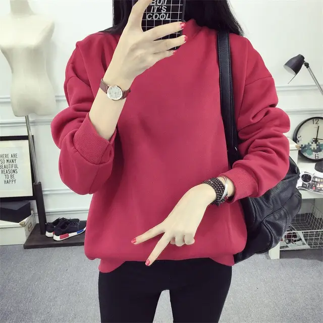 Women's Solid Color Plush Small Standing Collar Pullover Hoodie Red - Shop at LoveMi