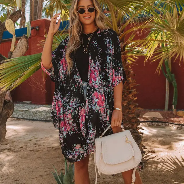 Summer Mid length Slit Print Loose Beach Cover Sun Protection Shirt Black Floral - Shop at LoveMi