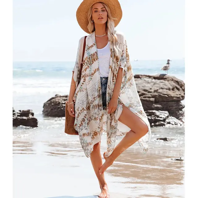 Summer Mid length Slit Print Loose Beach Cover Sun Protection Shirt Ink White - Shop at LoveMi