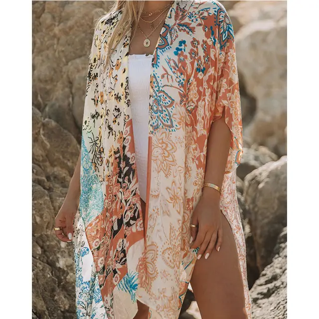 Summer Mid length Slit Print Loose Beach Cover Sun Protection Shirt Light Orange - Shop at LoveMi