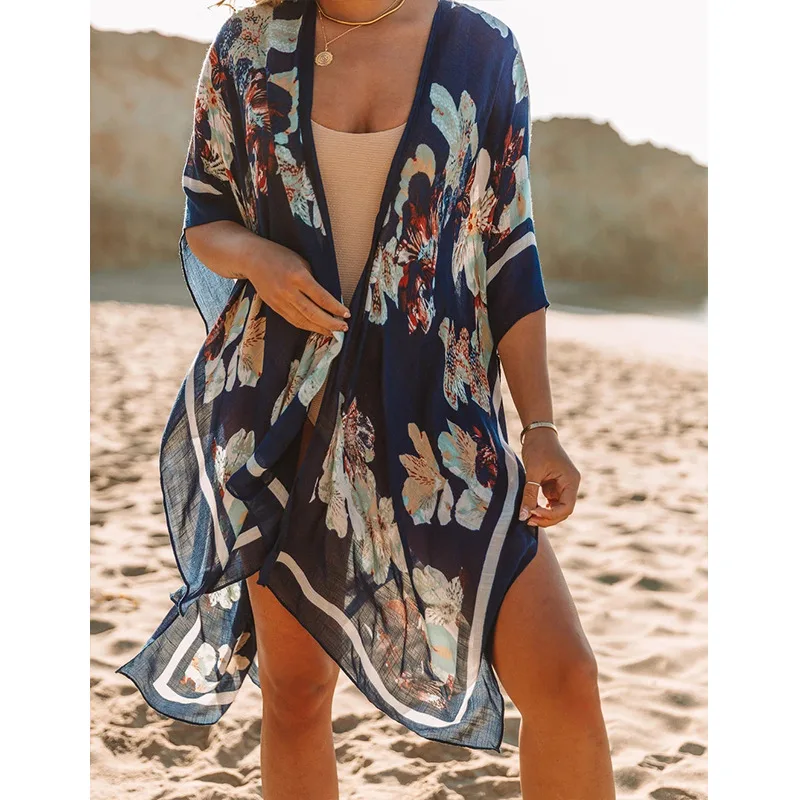 Summer Mid length Slit Print Loose Beach Cover Sun Protection Shirt Navy Blue - Shop at LoveMi