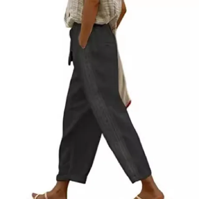 Stitching Women's Clothes Casual Pants Elegant Cotton And Linen Ol Cropped Pants Black - Shop at LoveMi