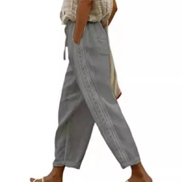 Stitching Women's Clothes Casual Pants Elegant Cotton And Linen Ol Cropped Pants Gray - Shop at LoveMi