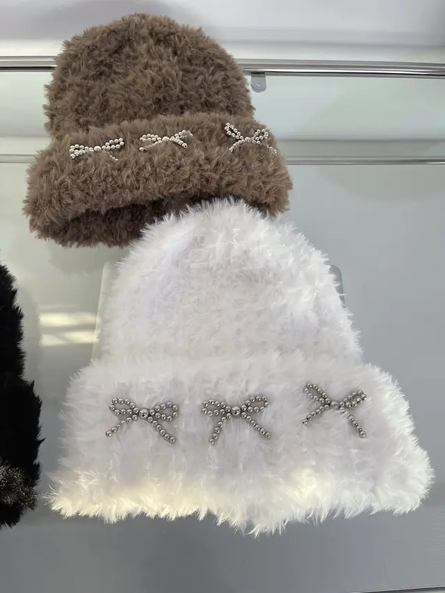 Autumn And Winter Thick Warm Soft Glutinous Knitted Bow Plush Bonnet For Women White - Shop at LoveMi