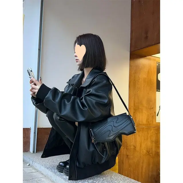 American Retro High grade Black Leather Jacket Coat Women Black - Shop at LoveMi
