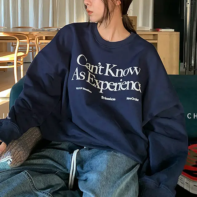 Fleece lined Loose fitting Casual Pullover Fall Winter Coat Vintage Round Neck Long Sleeve Bottoming Shirt Top 06 Navy Blue - Shop at LoveMi