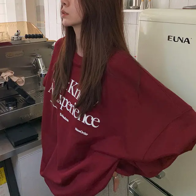 Fleece lined Loose fitting Casual Pullover Fall Winter Coat Vintage Round Neck Long Sleeve Bottoming Shirt Top 21 Wine Red - Shop at LoveMi