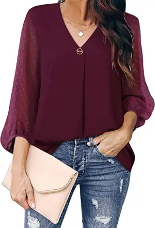Women's Puff Sleeve V-neck Long Sleeve Shirt - Wine Red